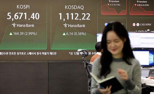 코스피가 전 거래일(5507.01)보다 135.08포인트 오른 5642.09에 개장한 지난 2월 19일 오전 서울 중구 하나은행 딜링룸 전광판에 지수가 표시돼 있다. 사진=임준선 기자