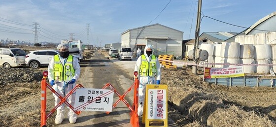 방역요원들이 구제역 확산 방지를 위해 농가 출입을 통제하고 소독 작업을 진행하고 있다. 사진=고양특례시 제공