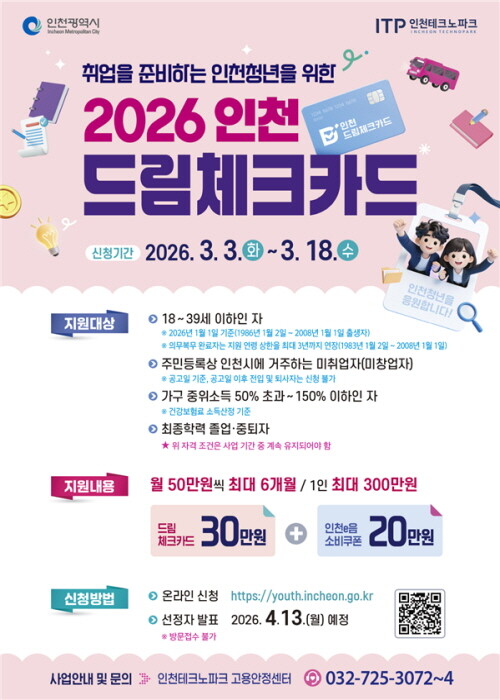 구직청년을 위한 드림체크카드 모집 안내 포스터. 사진=인천시 제공