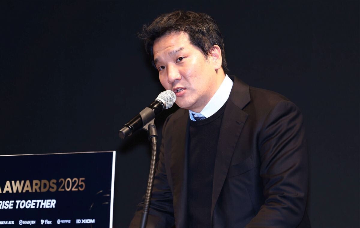 이태성 세아홀딩스 사장(대한탁구협회장)이 지난 2월 14일 대한탁구협회 ‘KTTA 어워즈 2025’에서 환영사를 하고 있다. 사진=연합뉴스