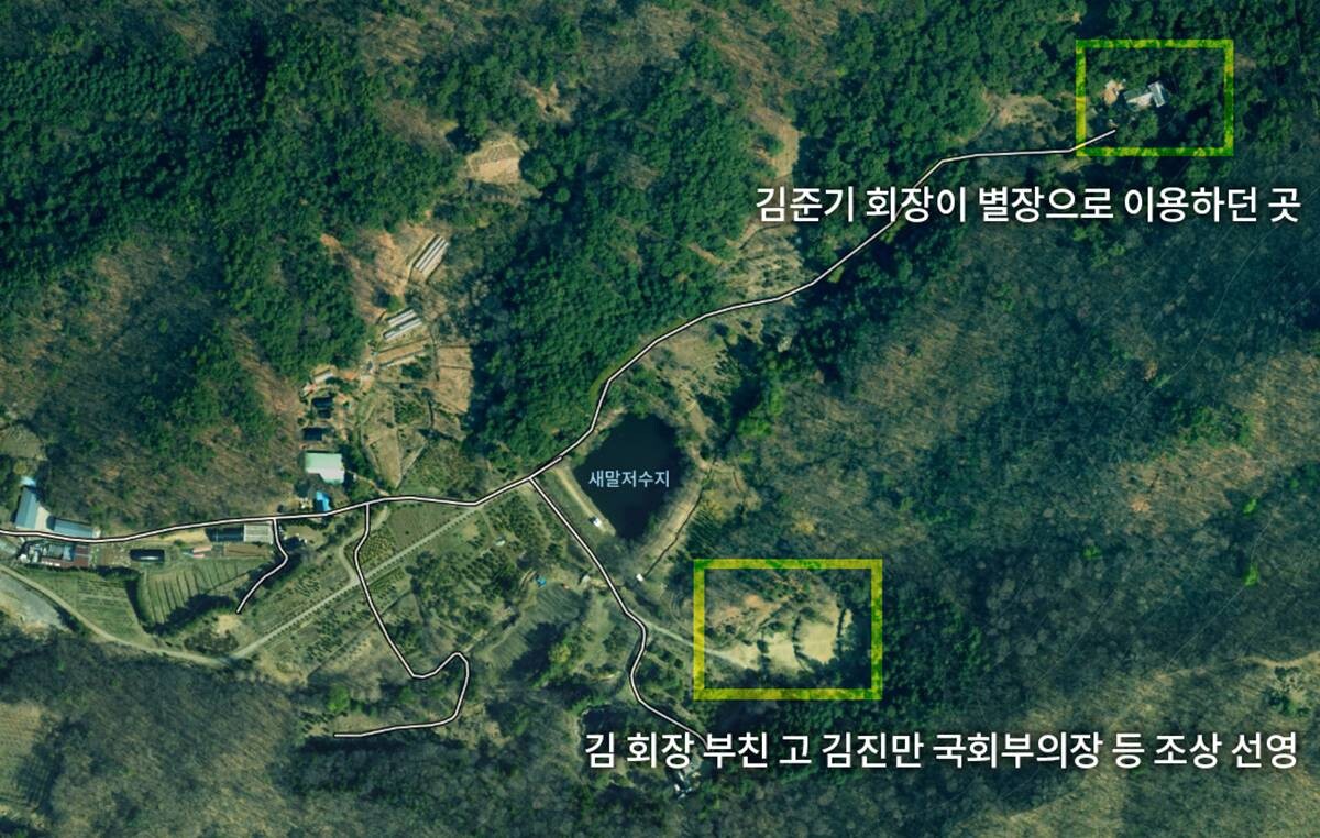 경기 남양주시 금곡동 일대 김준기 회장 별장과 조상 선영 위치도. 사진=카카오맵 캡처·그래픽=백소연 디자이너