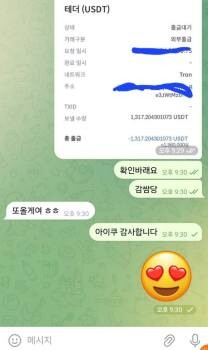 코인을 원화로 환전해 주겠다는 텔레그램 업자가 고객 후기글이라며 기자에게 보낸 사진. 사진=한승구 기자