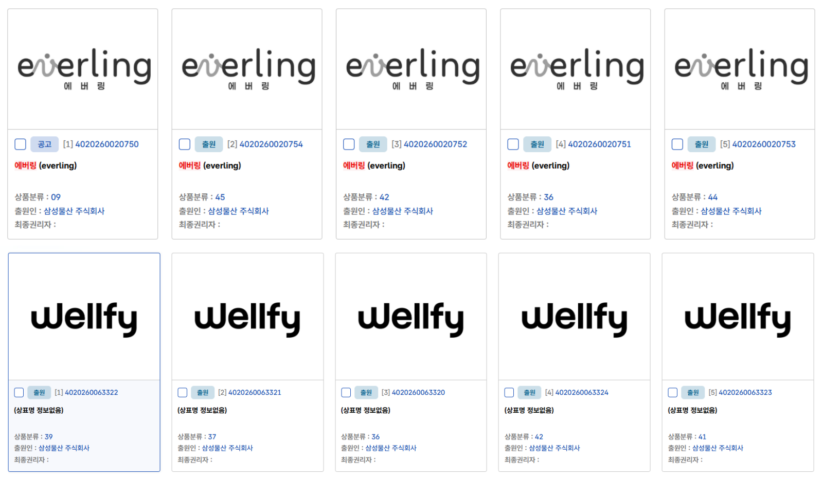 삼성물산이 올해 1~3월 동안 ‘everling(에버링)’과 ‘wellfy(웰피)’라는 상표권을 출원했다. 사진=특허청 특허정보검색 사이트 ‘키프리스’ 홈페이지 캡처