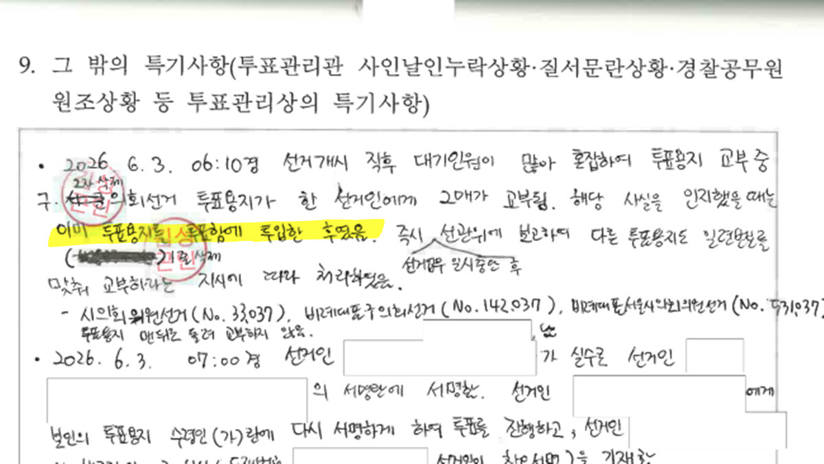 6·3 지방선거 당시 서울 광진구 군자동 제4투표소 투표록에 투표용지 중복 교부와 회수 불능 상황이 기록돼 있다. 자료=국민의힘 주진우 의원실 제공