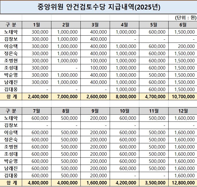 2025년 중앙선관위원 안건검토수당 지급내역. 사진=김종양 의원실 제공