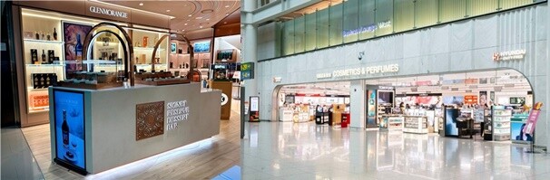 롯데면세점과 현대면세점은 각각 4월 16일과 28일에 인천공항 출국장에서 영업을 시작했다. 롯데면세점이 인천공항 제2여객터미널 주류 플래그십 매장에 운영을 시작한 글렌모렌지 시그넷 리저브 디저트 바(왼쪽)와 현대면세점 DF2 구역 면세점. 사진=롯데면세점·현대백화점그룹 제공