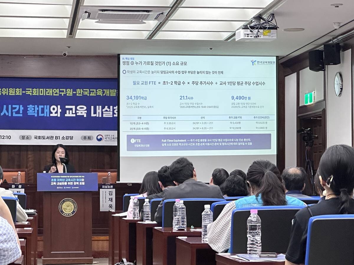 9월 3일 국회에서 열린 '초등 저학년 교육시간 확대와 교육 내실화를 위한 정책 포럼'에서 이희현 한국교육개발원 학생·학부모연구실장이 발표하고 있다. 사진=김정아 기자
