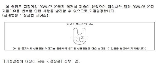 지난 5월 29일 발송된 지식재산처의 의견제출통지서에 뉴진스 멤버들이 대응하지 않으면서 결국 일부 NJZ 상표에 등록 거절 결정이 내려졌다. 사진=지식재산처 거절결정서 캡처