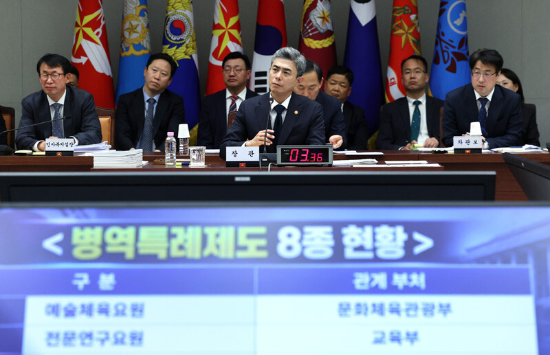 7일 국회 국방위원회(국방위) 국감장에서 강신철 국방부 장관이 병역특례제도에 관한 국방부 의견을 밝히고 있다. 사진=국회사진기자단